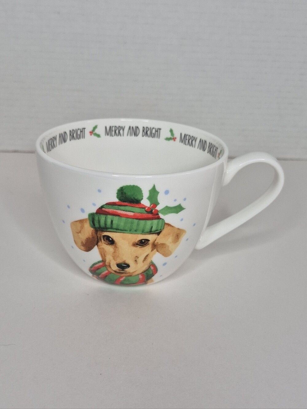 Festive Merry and Bright Christmas Dachsund Dog Large Porcelain Cup Mug NWOT